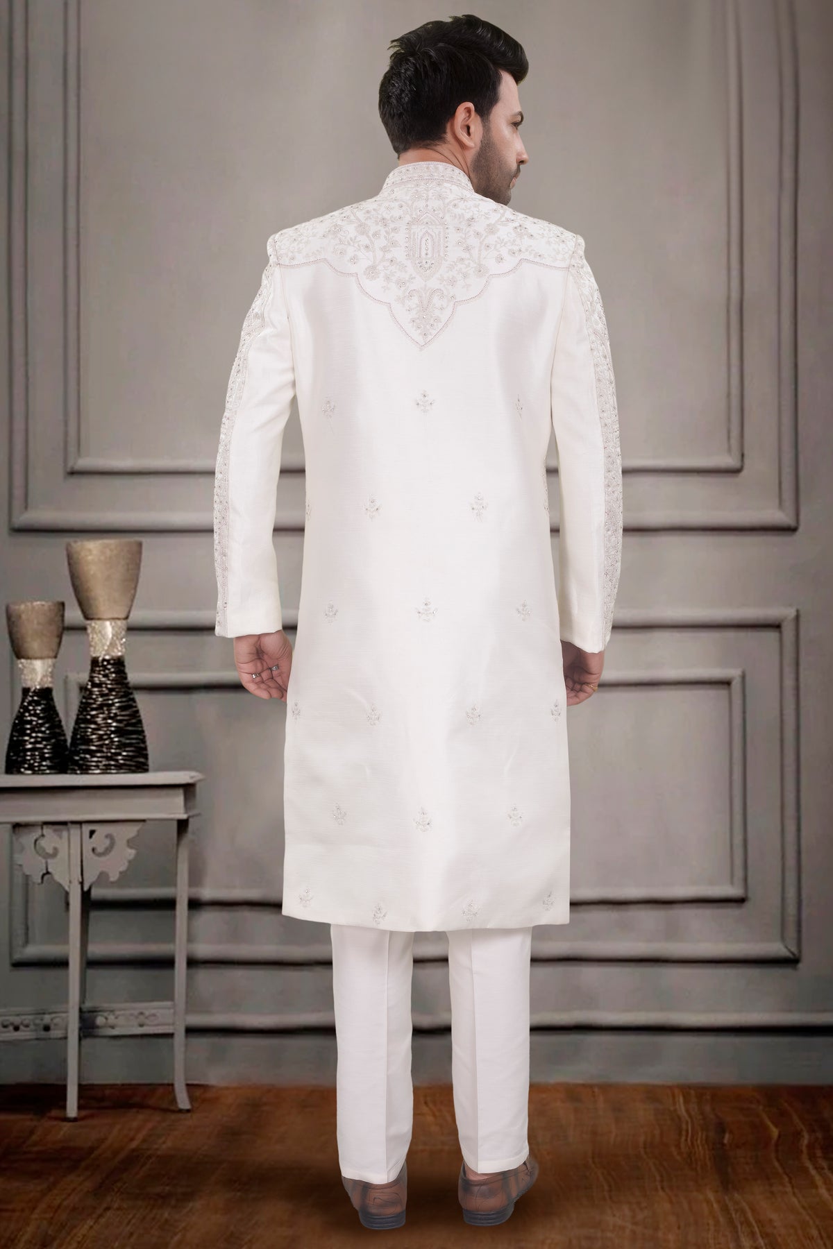 Ivory Hand-Embroidered Sherwani with Structured Shoulders