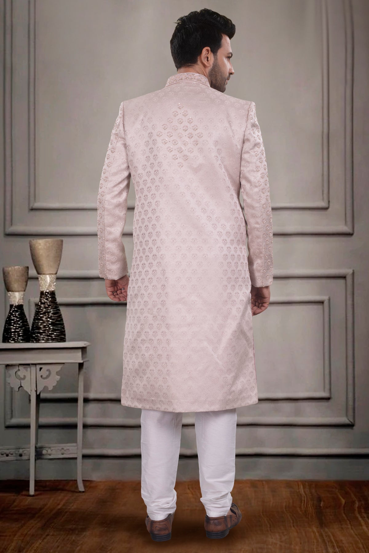 Blush Pink Men's Sherwani with All-Over Embroidery and White Pants