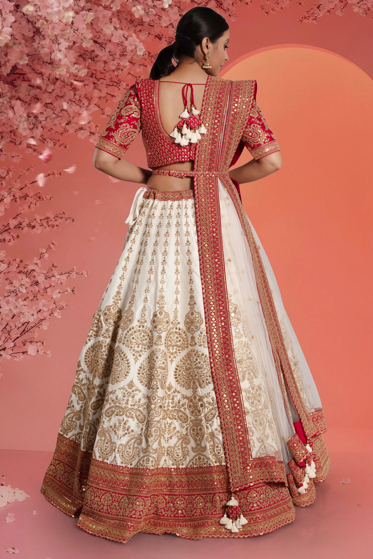 Ivory Bridal Lehenga with Gold Work, Red Border and Red Blouse