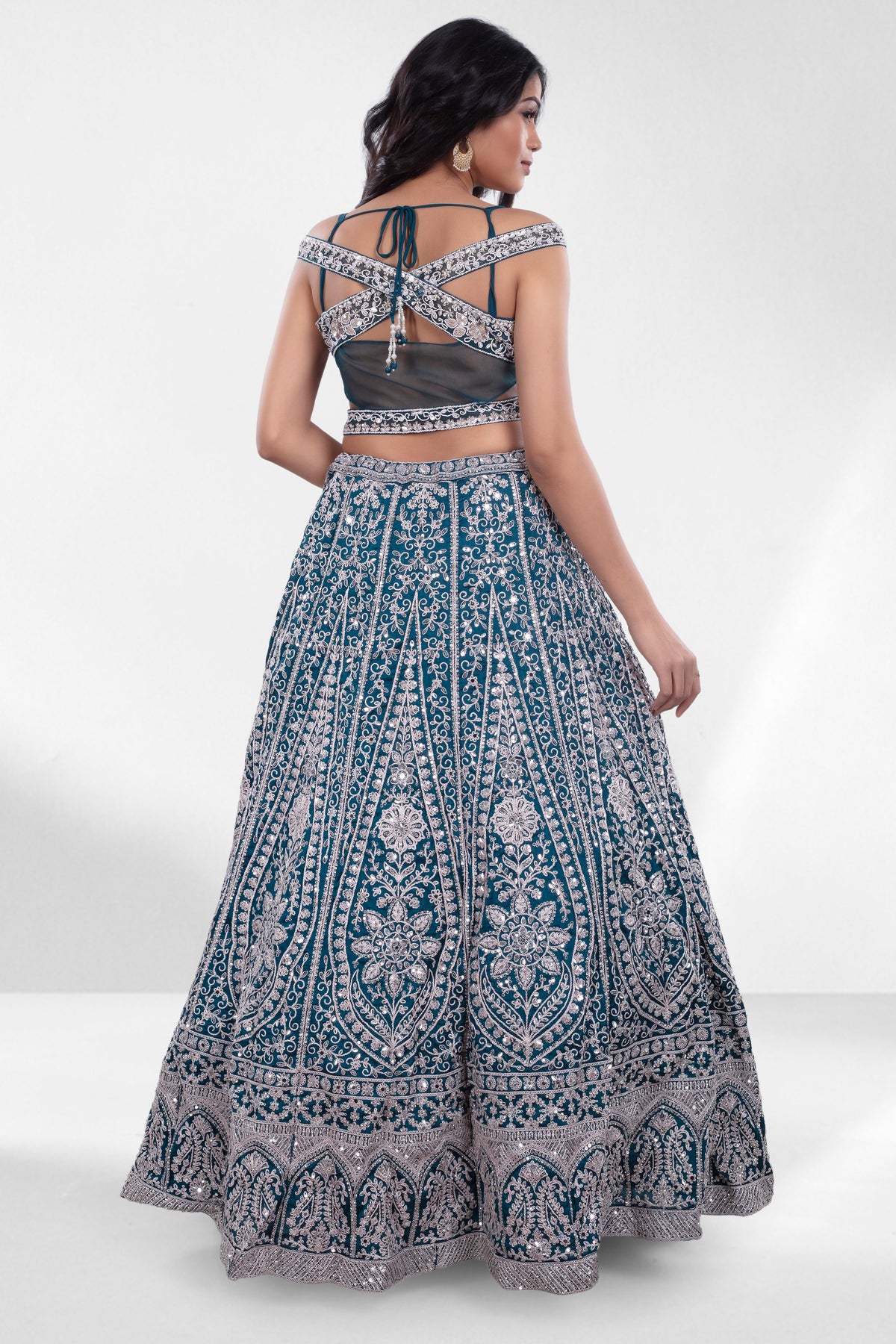 Deep Teal Embroidered Lehenga with Off-Shoulder Blouse