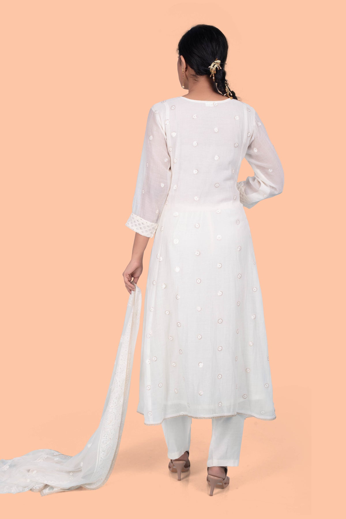 Ivory Chikankari Partywear Suit with Tassel Neckline and Dupatta