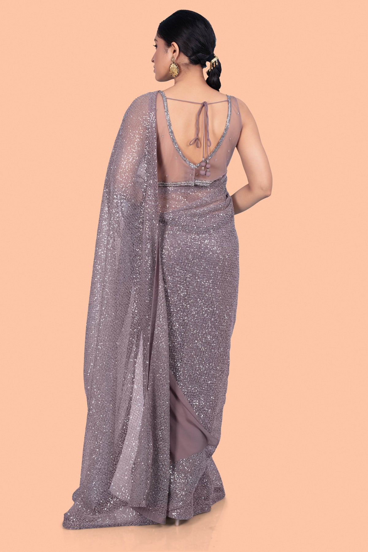 Dusty Mauve Sequin Net Saree with Pleated Georgette Skirt