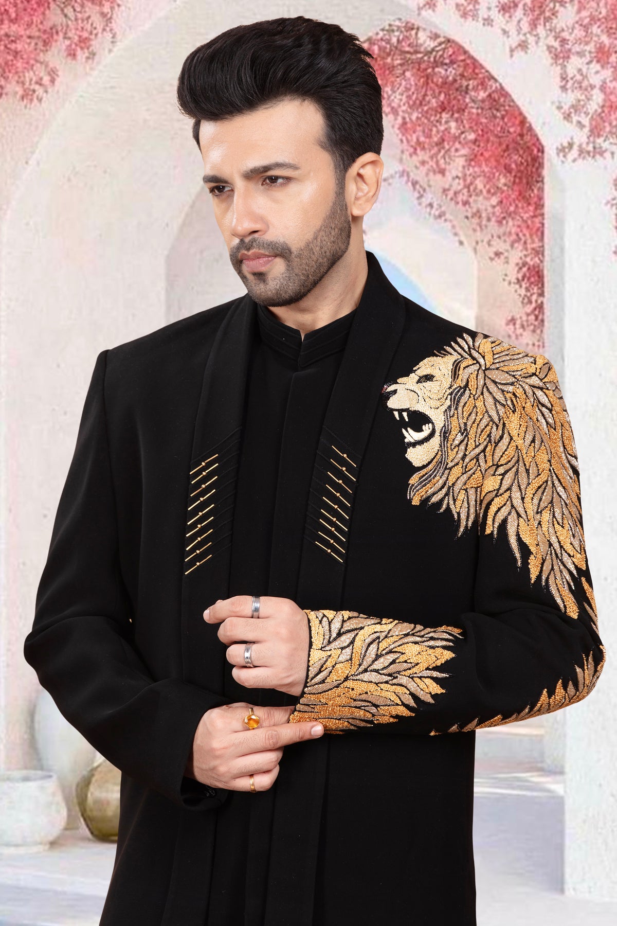 Black Open Sherwani with Gold Lion Embroidery on Shoulder