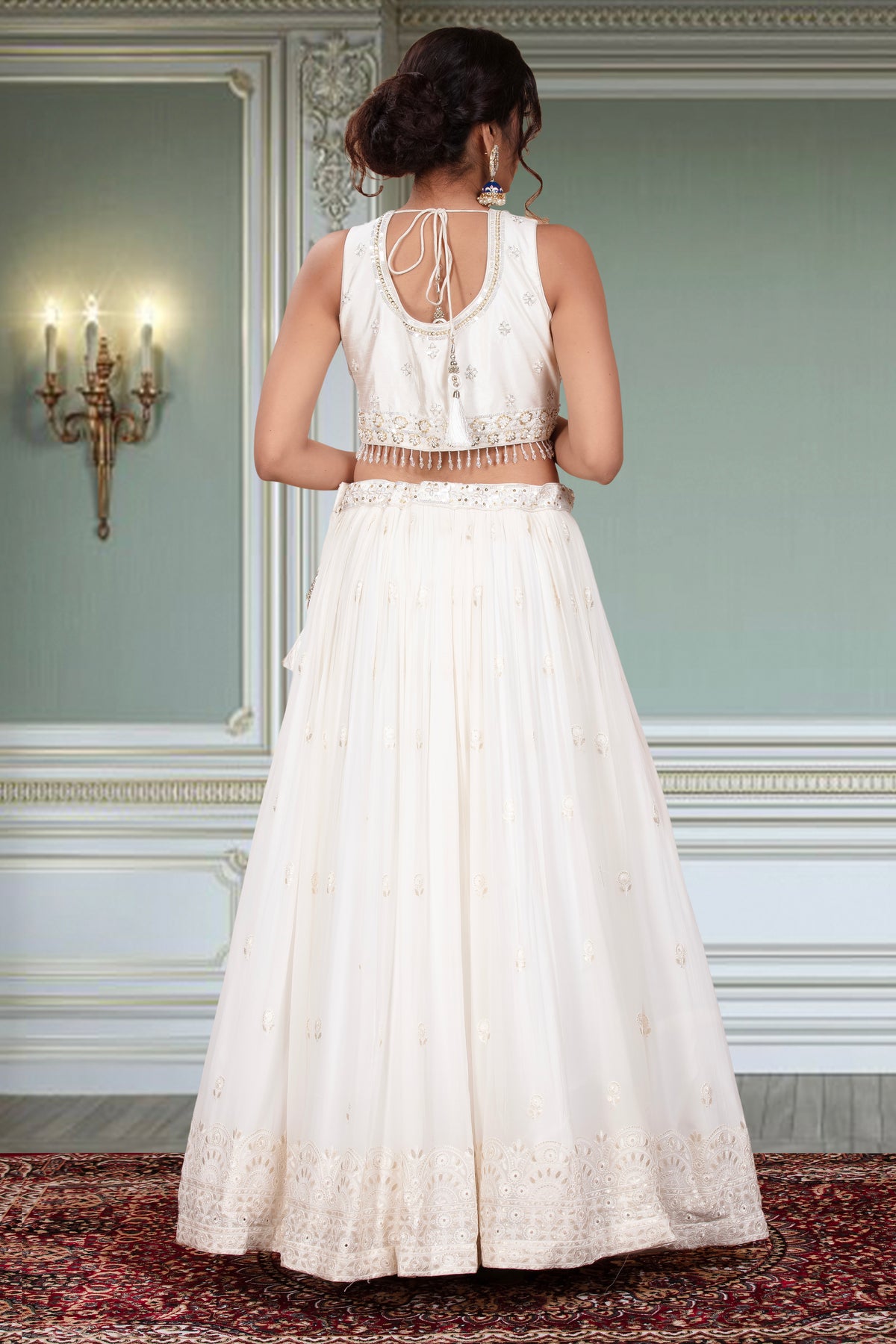 Ivory Chikankari Style Lehenga with Halter Choli and Net Dupatta