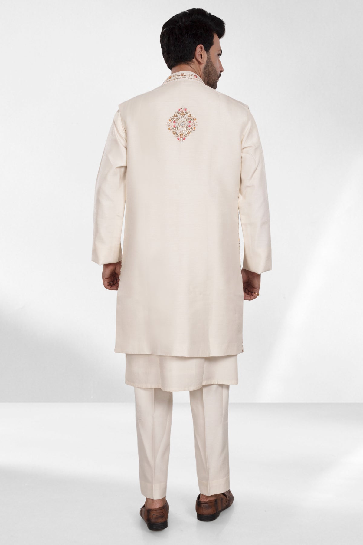 Off White Open Jacket Sherwani with Pastel Thread Embroidery