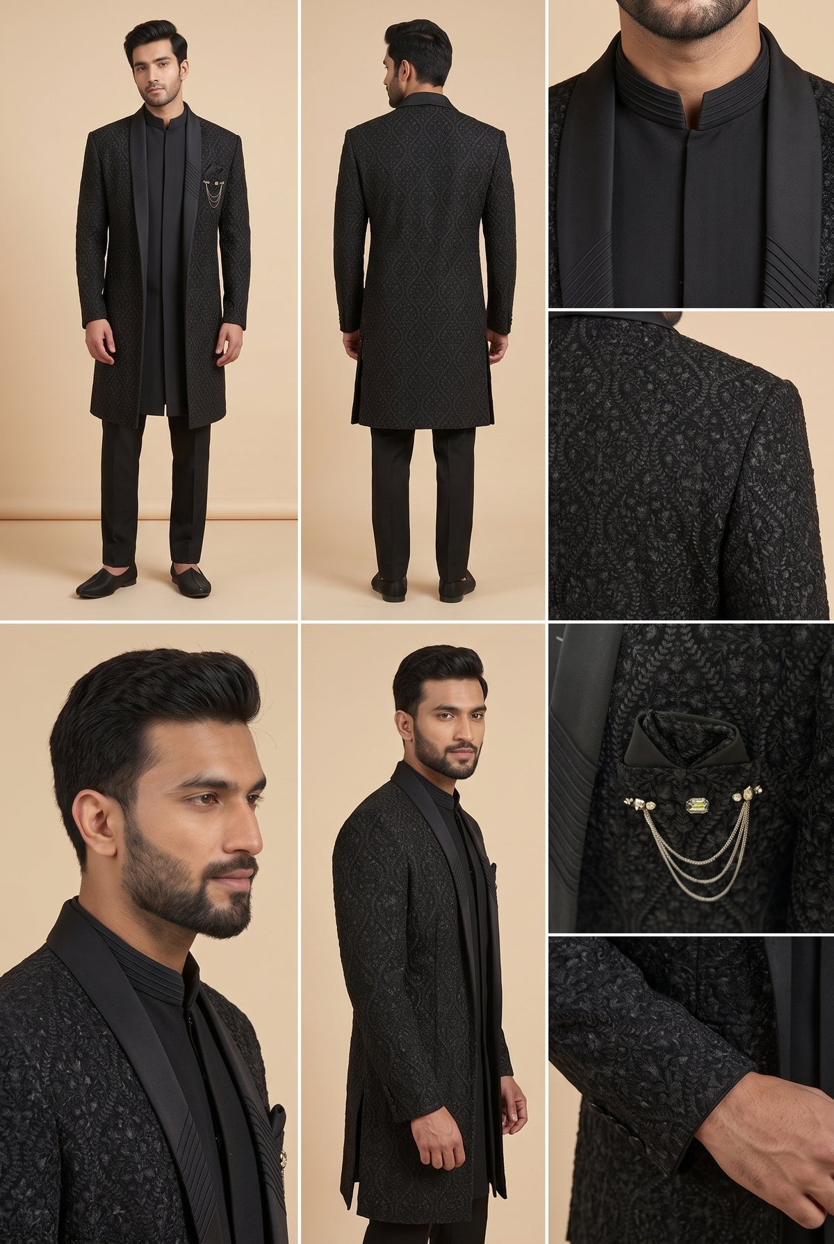 Black Thread Embroidery Open Jacket Sherwani