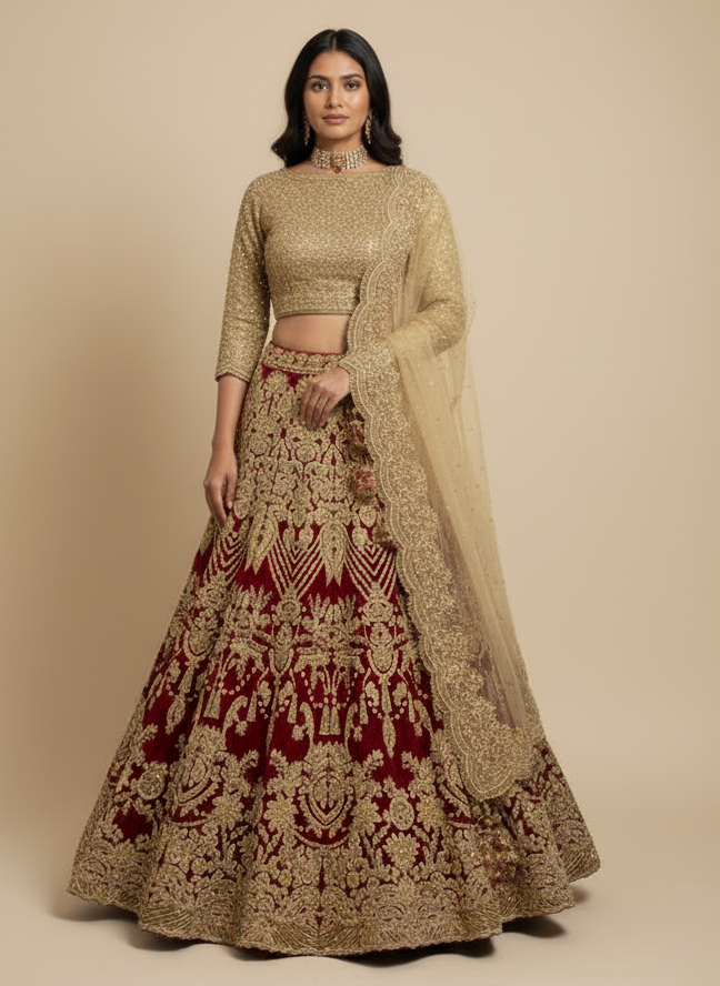 Maroon Gold Bridal Lehenga BL-091