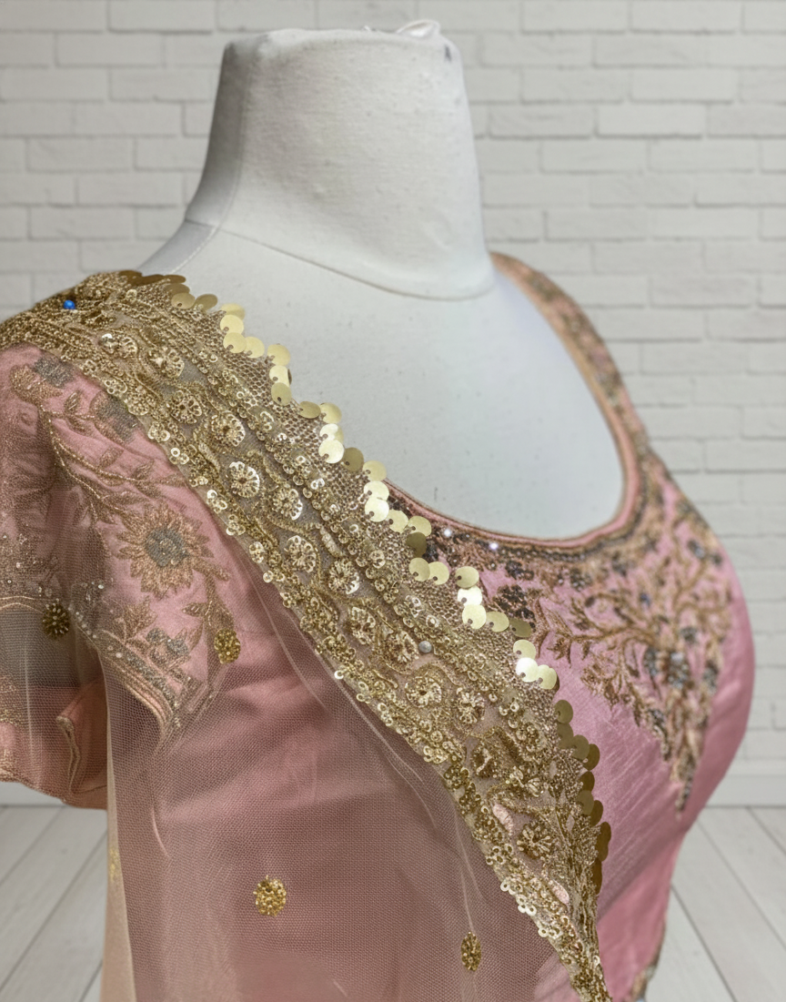 Full look: taffy pink bridesmaid lehenga with a net dupatta
