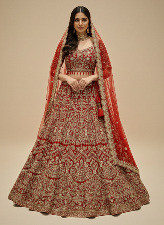 Permanent Bright Red Bridal Lehenga BL-133