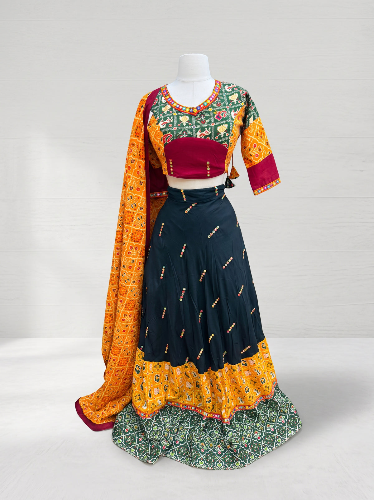 Black & Mustard Bandhani Patola Navratri Lehenga