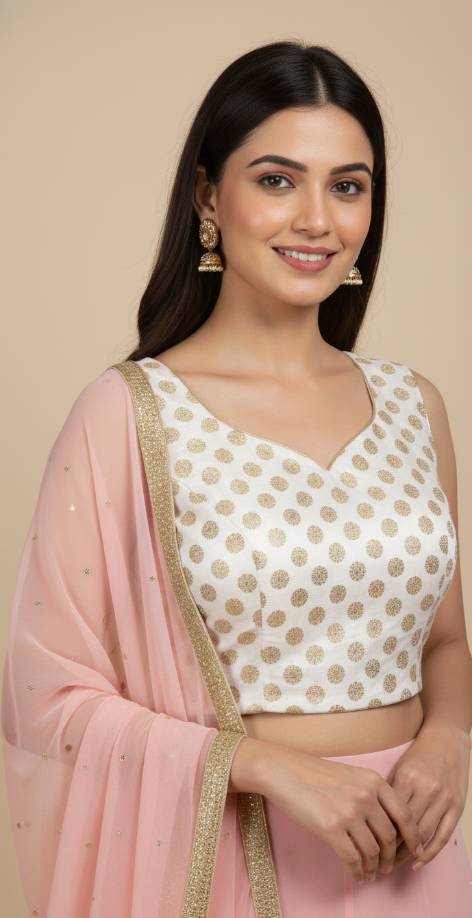 Full look: ivory blouse and blush skirt lehenga set