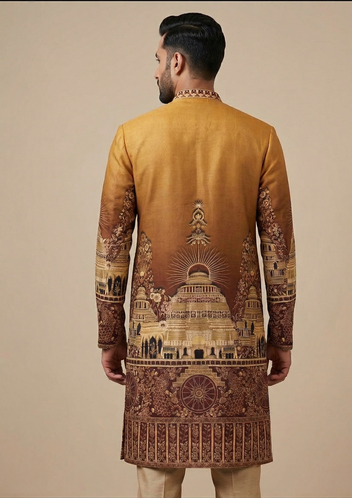 Golden yellow kurta pajama set inspired by the Sun Temple of Konark, with symbolic wheel elements echoing the temple's chariot wheels, Nazranaa (view 2)