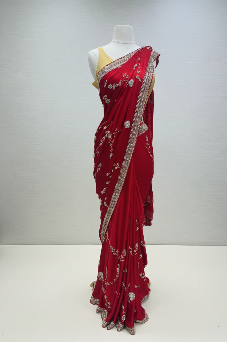 Black saree with an elegant scalloped border highlighted with stone and thread detailing in lightweight satin silk, Nazranaa (view 2)