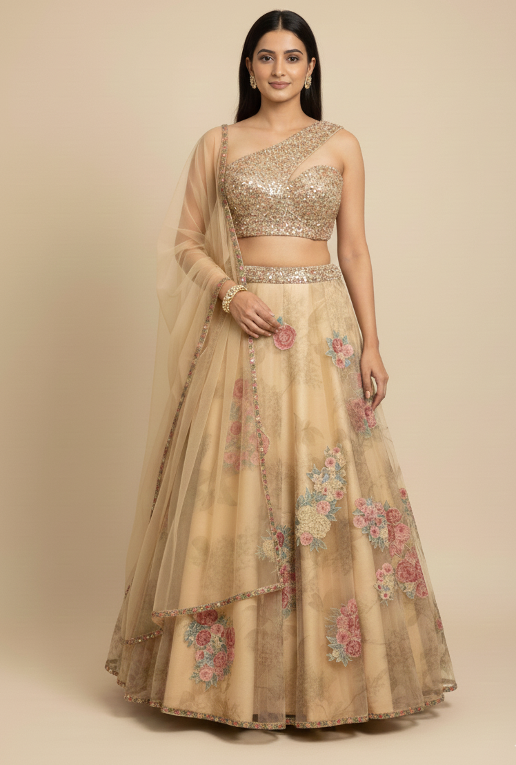 Floral print lehenga with a bold one-shoulder blouse and a lightweight sheer dupatta, Nazranaa