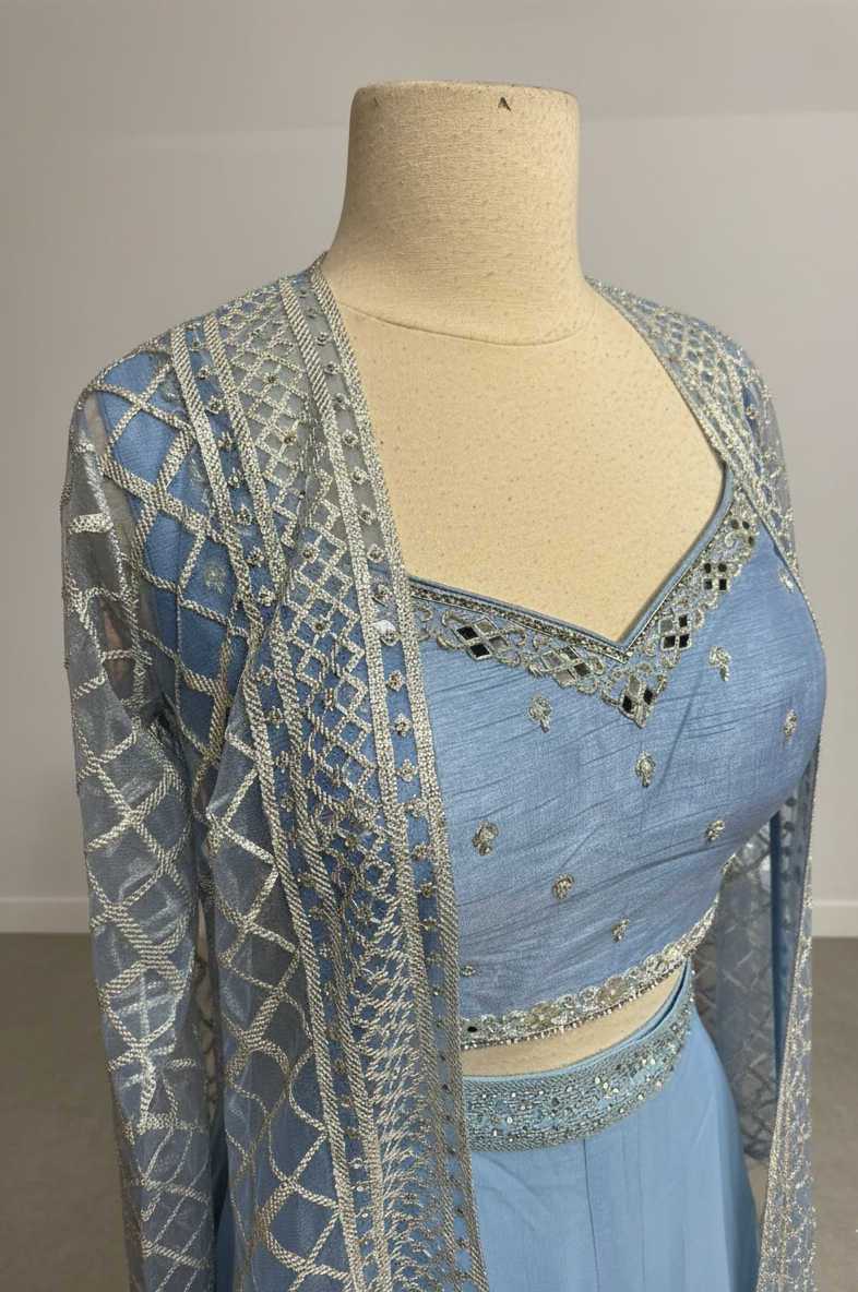 Full look: powder blue crop blouse, pleated palazzo, and designer jacket set