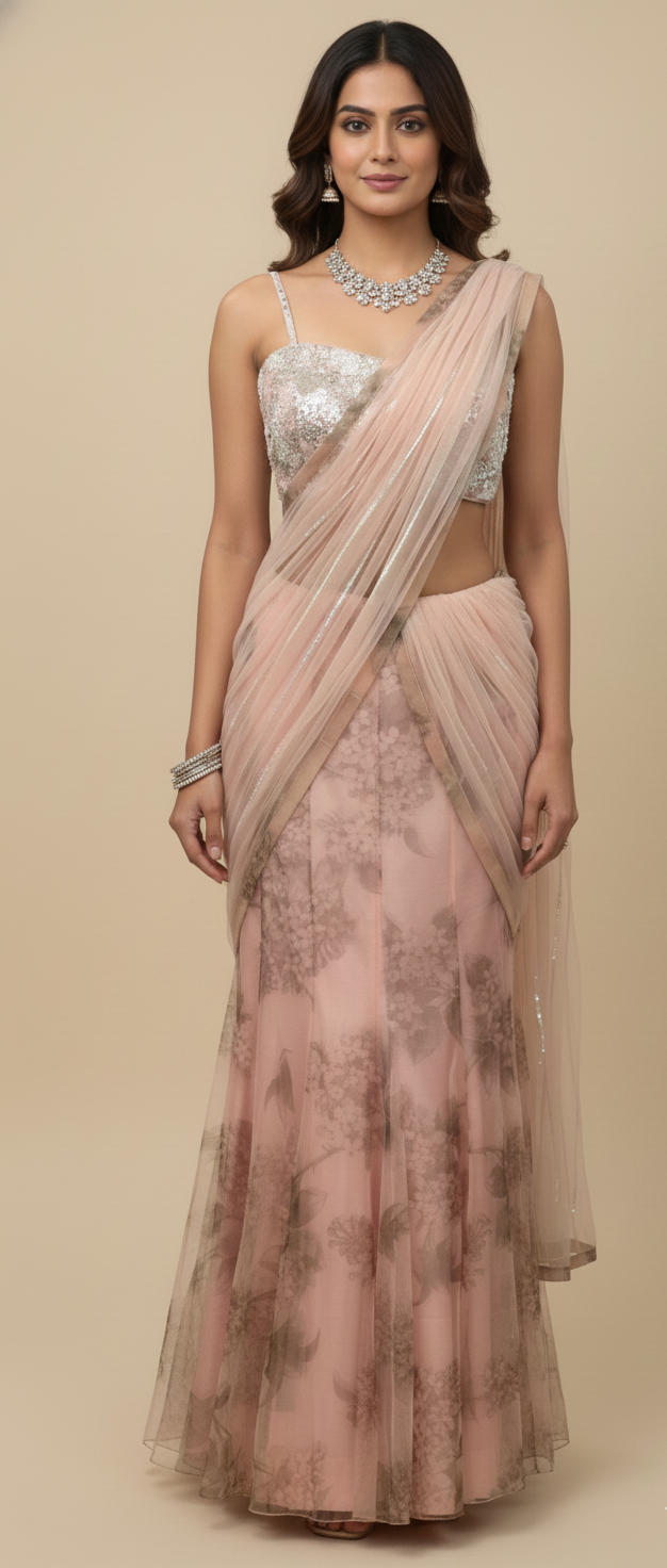 Pre-stitched saree with botanical prints, a sequin-embellished spaghetti-strap blouse, and a sheer pallu, Nazranaa