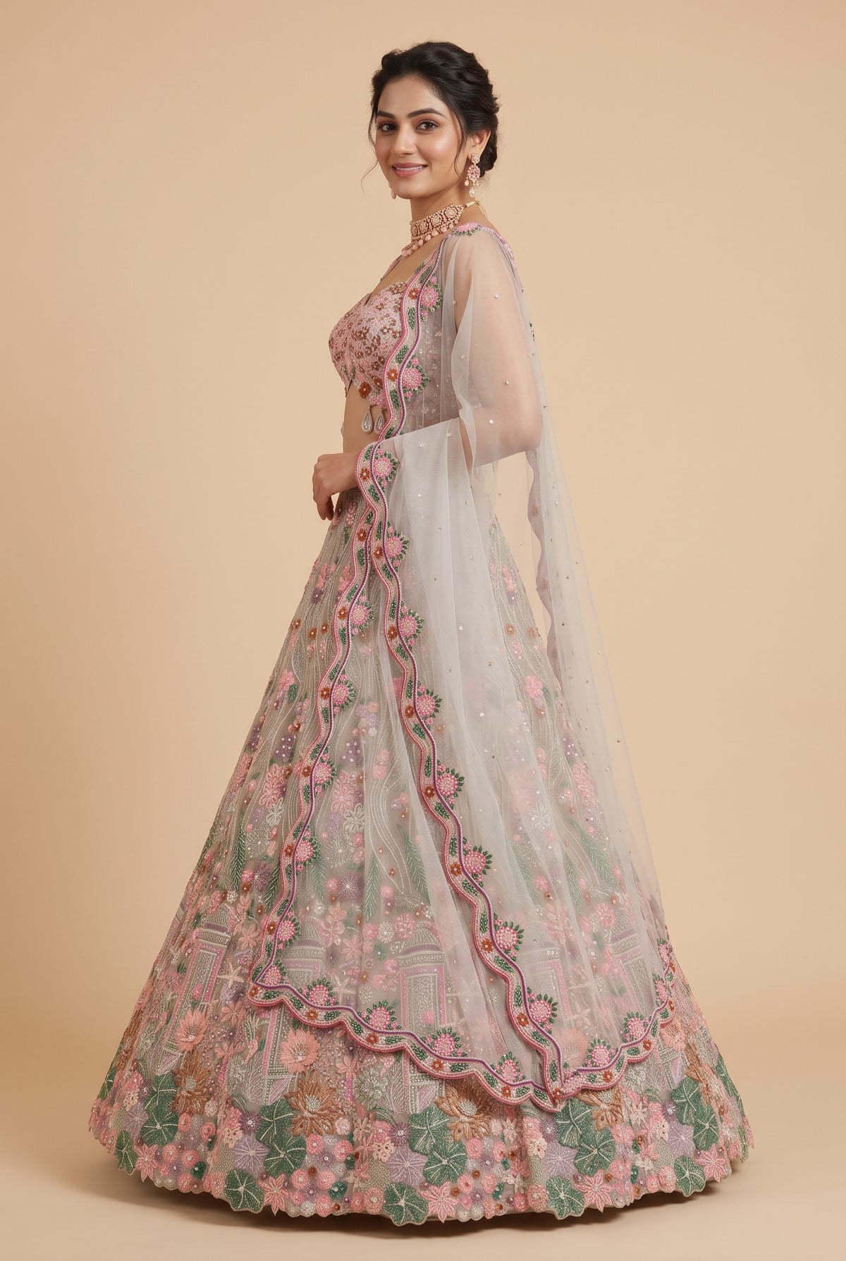 Silver Grey & Rose Floral Embroidered Lehenga