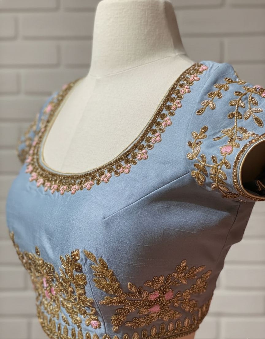 Blush pink with a steel blue blouse bridesmaid lehenga with a net dupatta in raw silk, Nazranaa (view 2)