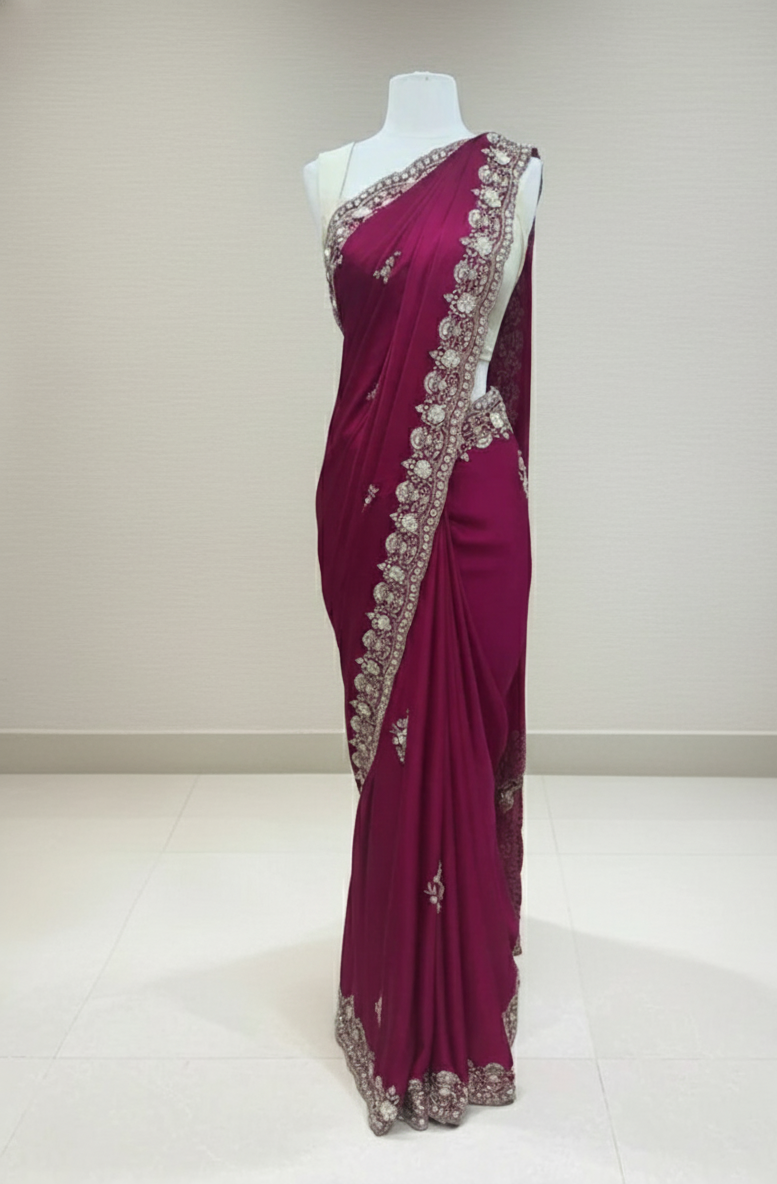 Detail of the scalloped border with rich gold embroidery, sequins, and 3D floral motifs on this pink saree