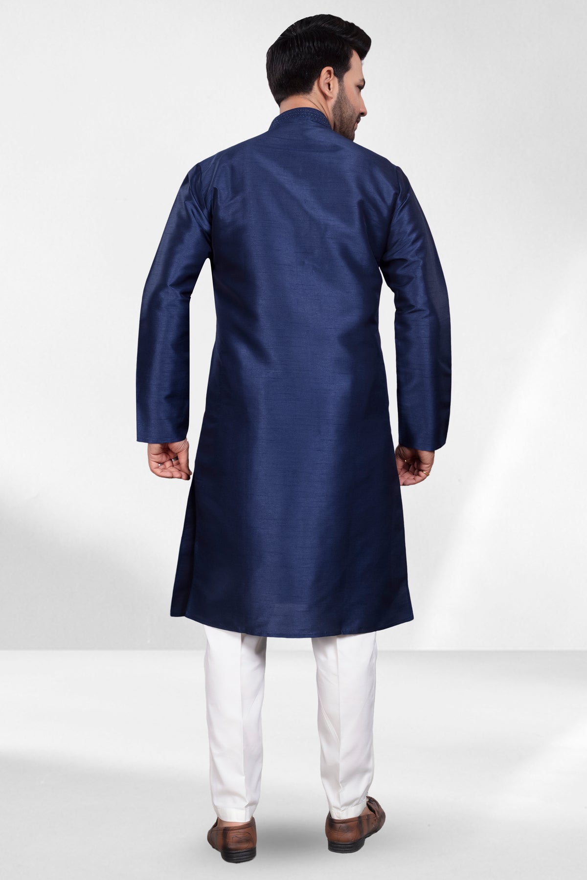 Midnight Navy Kurta Pajama with Collar and Placket Embroidery