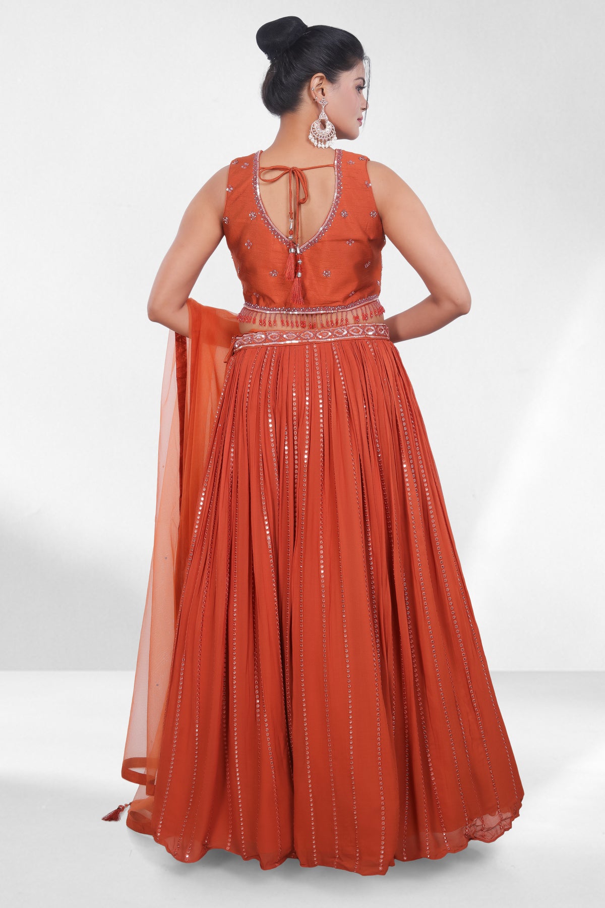 Rust Orange Palazzo Lehenga Set with Embroidered Crop Top and Net Dupatta