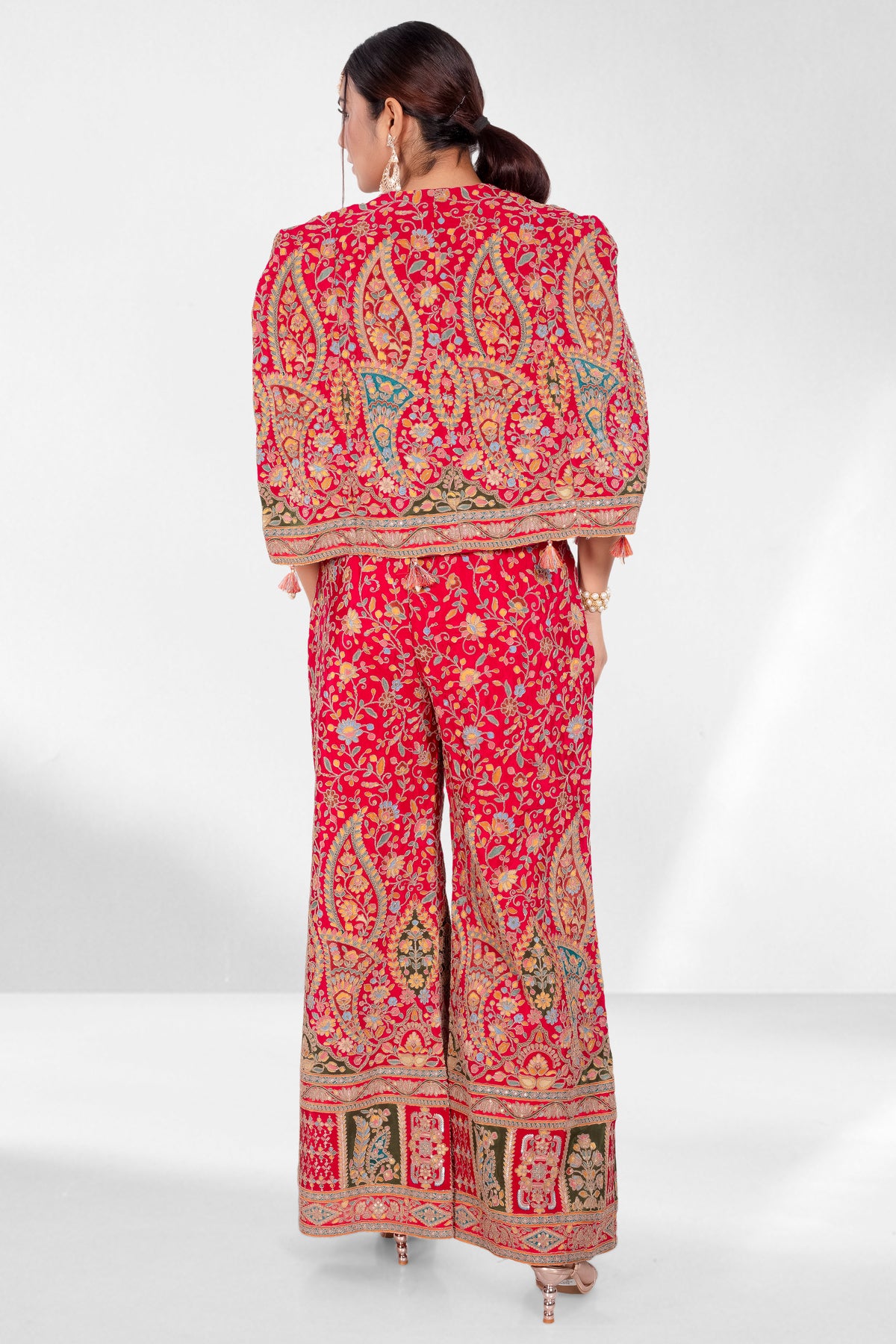 Red Embroidered Crop Top Palazzo Set with Jacket