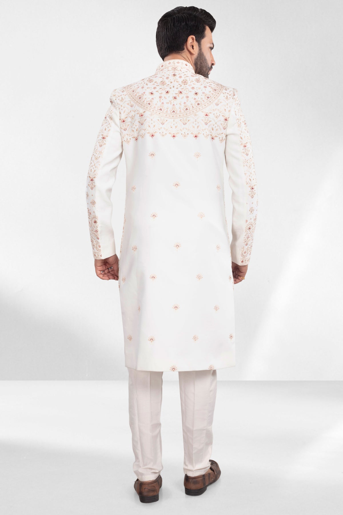 Ivory Layered Jacket Sherwani with Blush, Gold and Red Thread Embroidery