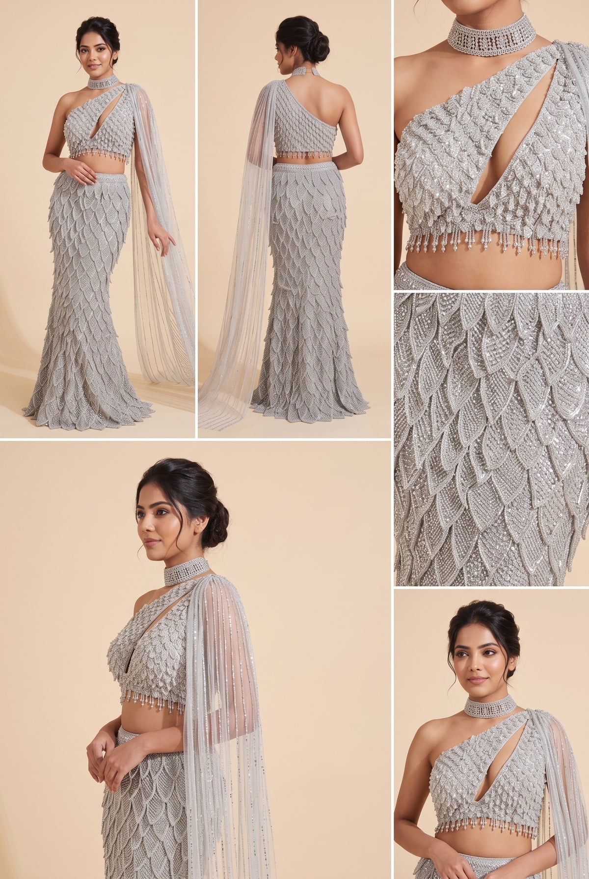 Silver color with silver crystals and appliqué work Mermaid Lehenga Cape Set