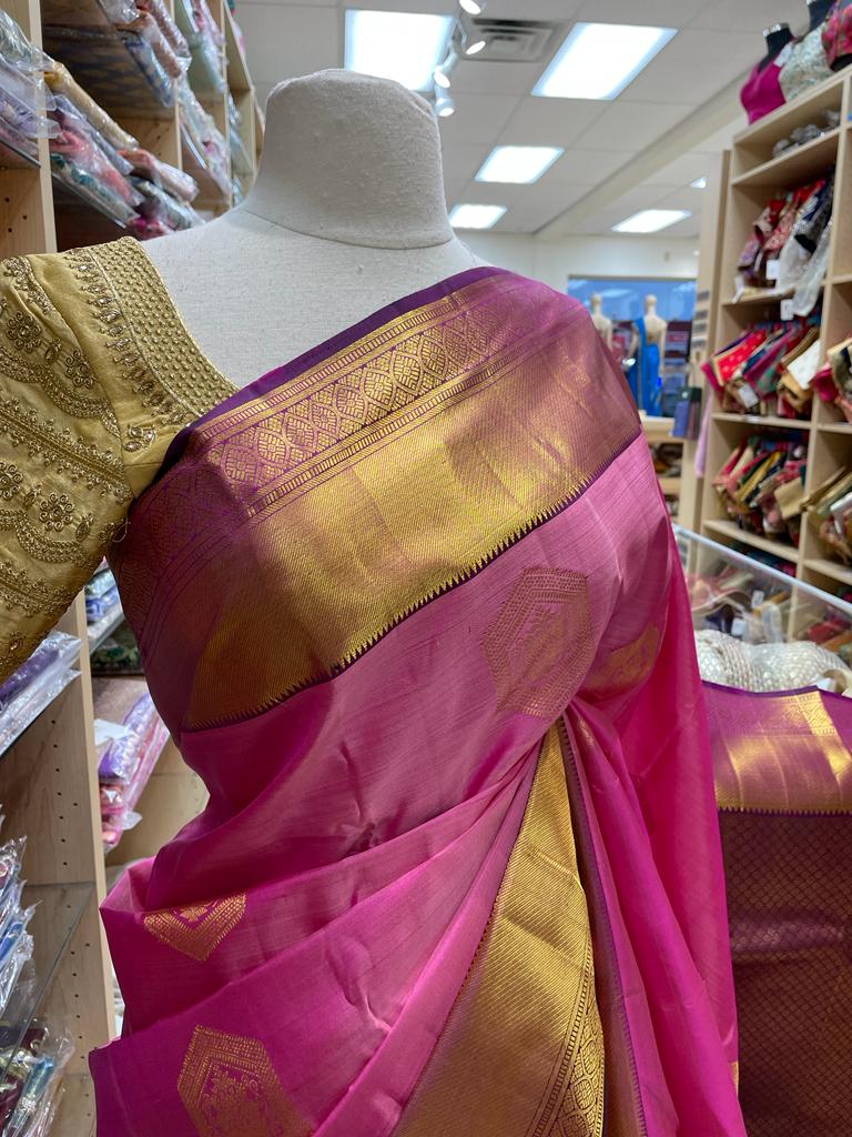 Hot Pink Kanjeevaram Silk Saree with Gold Zari Border