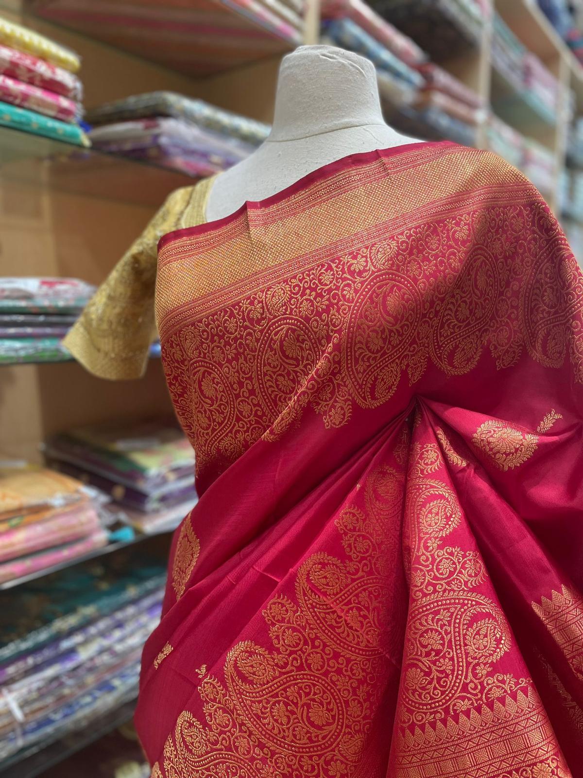 Maroon Red Kanjeevaram Silk Saree with Gold Zari Brocade Weave