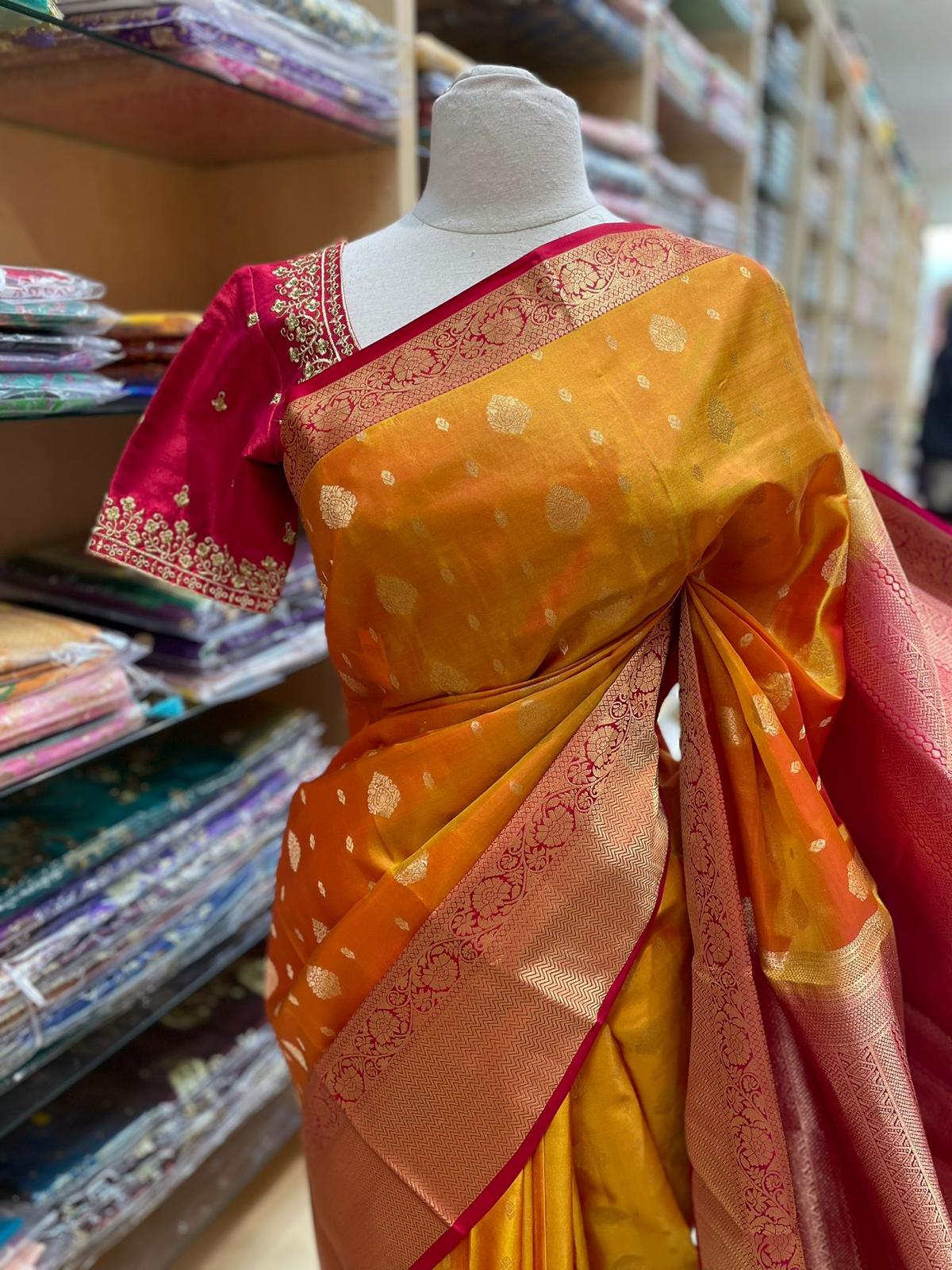 Mustard Orange Kanjeevaram Silk Saree with Pink Zari Border