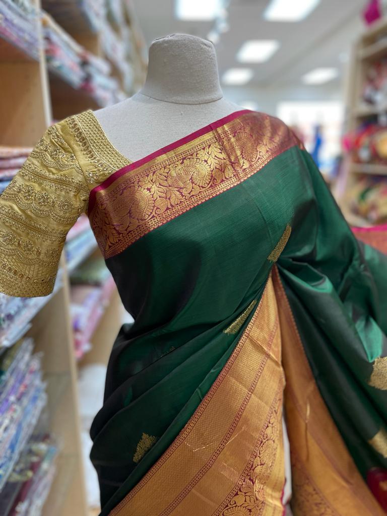 Bottle Green Kanjeevaram Silk Saree with Gold Zari Border and Pallu