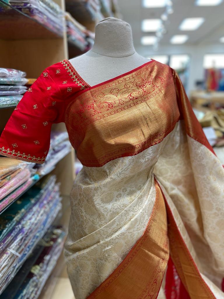 Ivory Kanjeevaram Silk Saree with Red Temple Border and Gold Zari