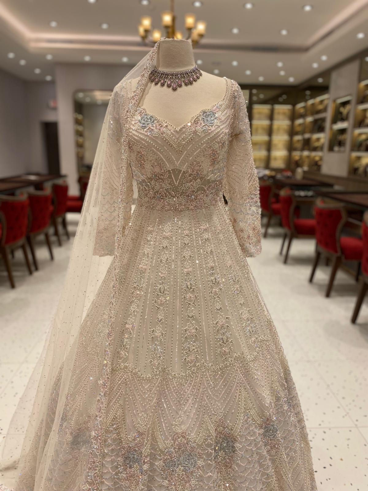 Ivory White Bridal Gown with Sequin and Pearl Embroidery and Veil