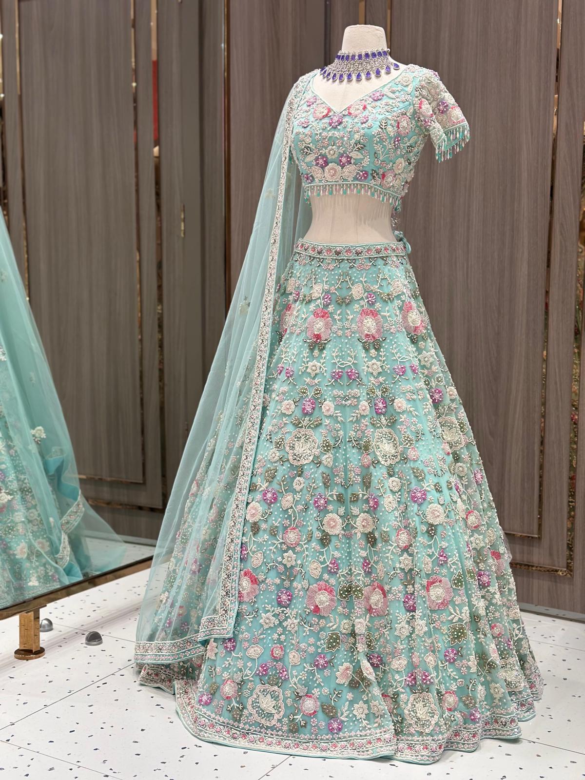 Mint Bridal Lehenga with Pastel Floral Embroidery and Net Dupatta