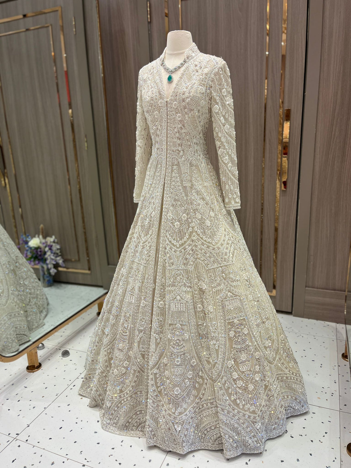 Ivory Bridal Lacha Gown with Pearl and Sequin Embroidery