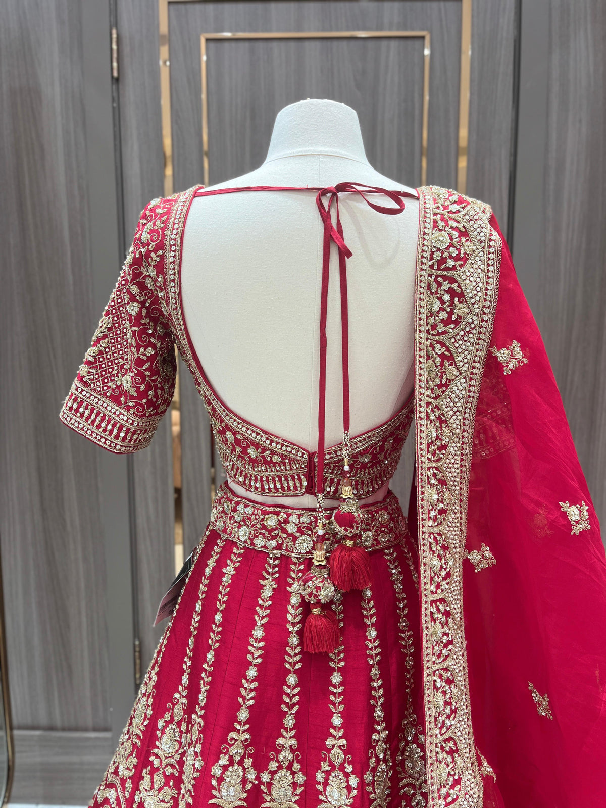 Red Bridal Lehenga with Gold Zari Chevron Embroidery and Red Net Dupatta