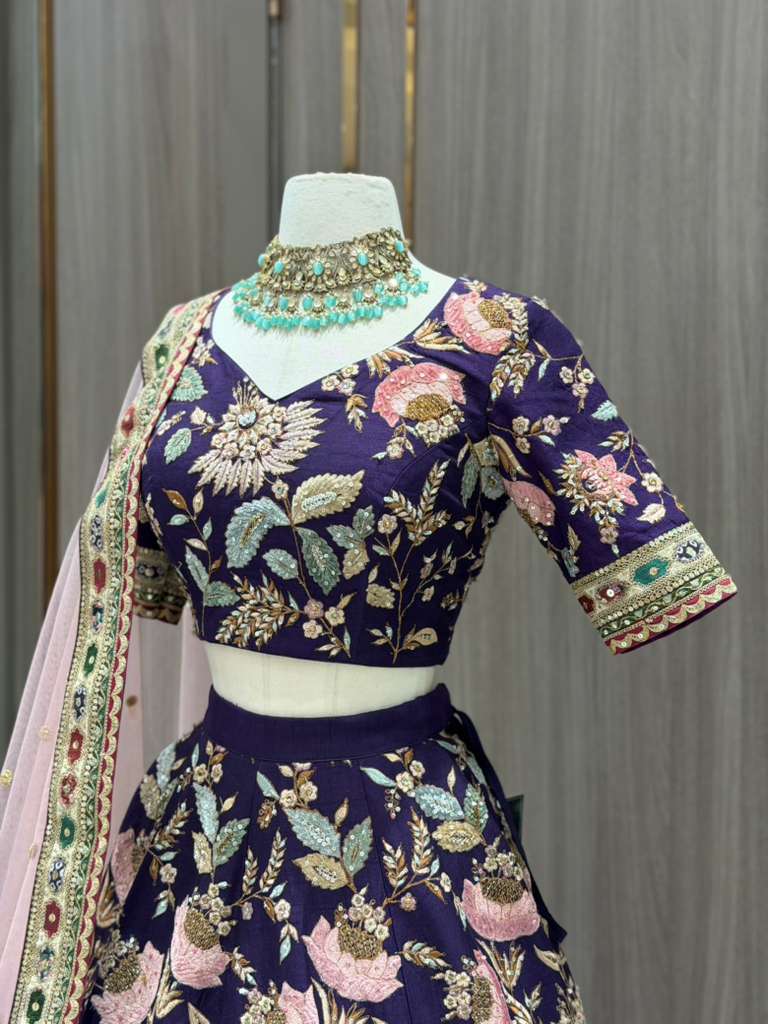 Deep Purple Bridal Lehenga with Multicolor Floral Embroidery and Blush Net Dupatta