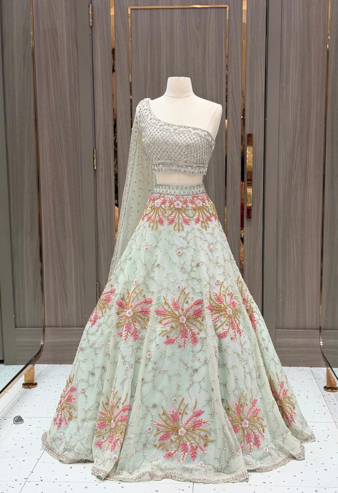 Mint Green Lehenga with Rose Floral Embroidery and One Shoulder Blouse