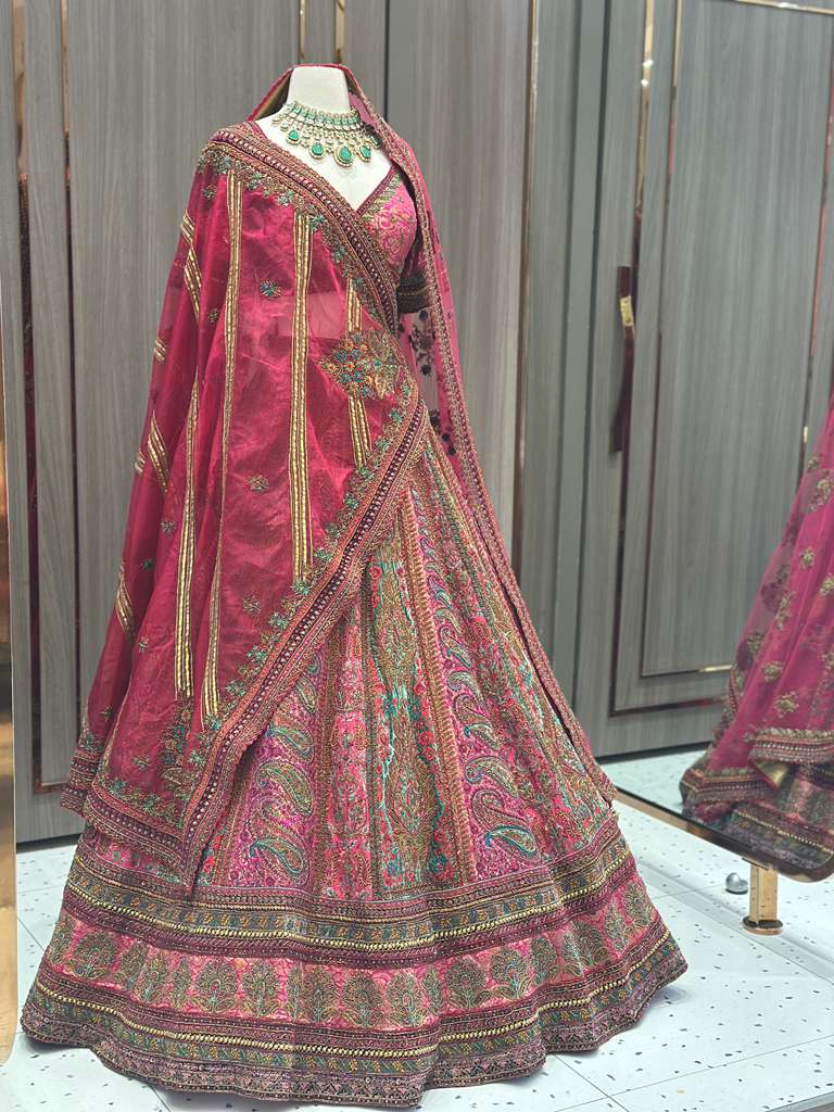 Magenta Pink Bridal Lehenga with Multicolor Embroidered Borders and Dupatta