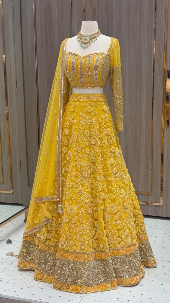 Mustard Yellow Floral Tonal Embroidered Bridal Lehenga