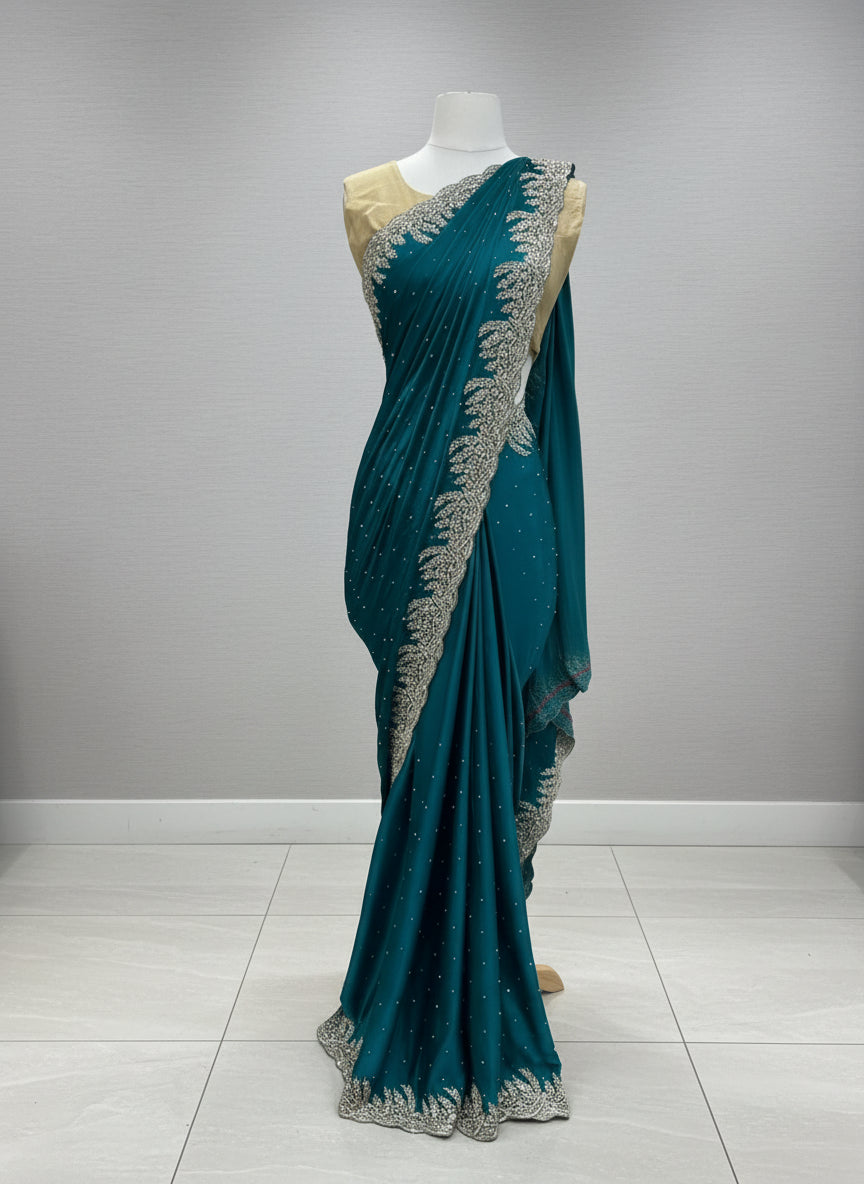 Teal Saree with Gold Scalloped Embroidered Border and Blouse