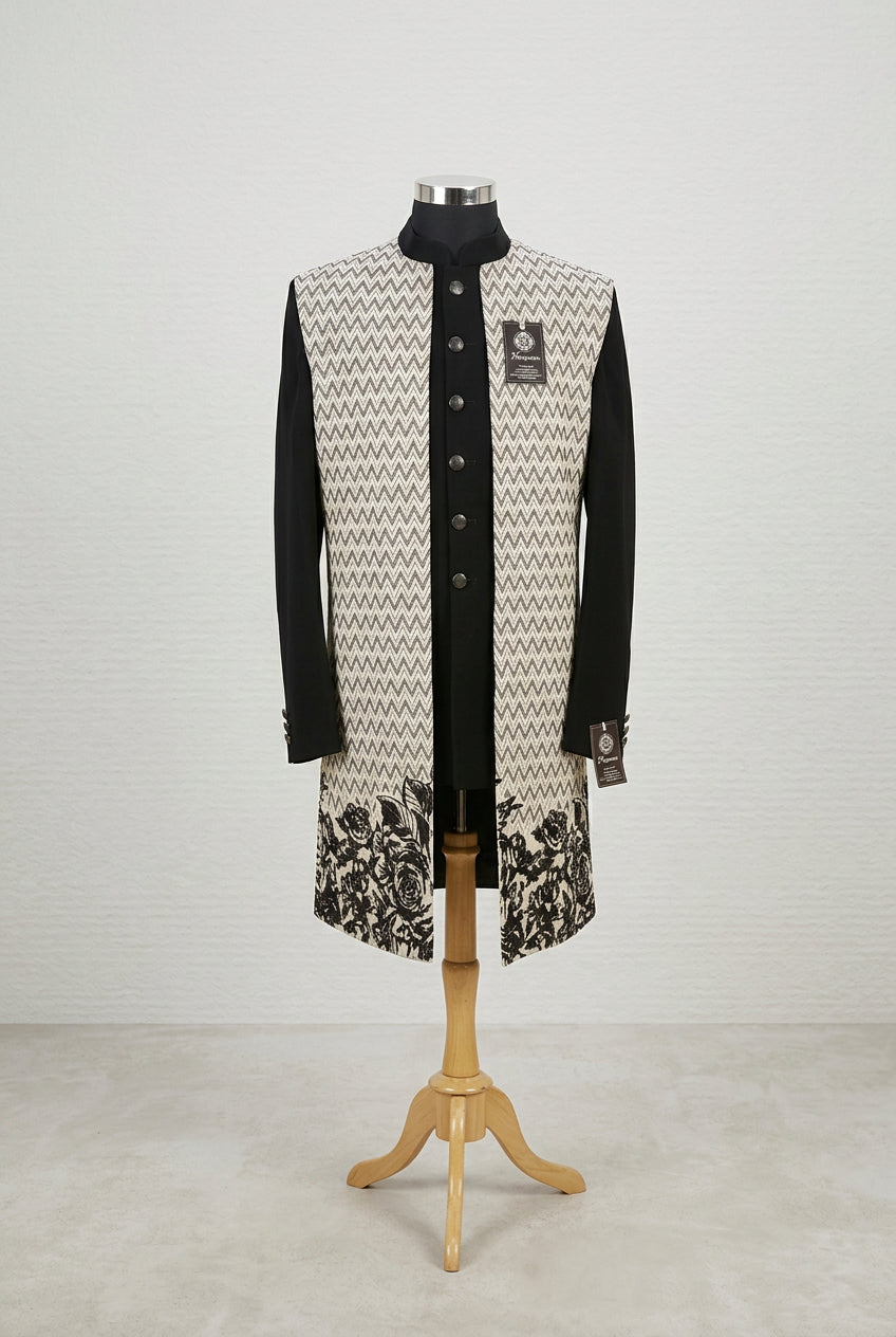 Black & White Chevron Three-Piece Open-Jacket Sherwani Set