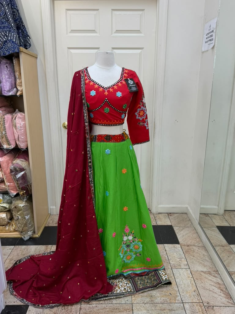 Vibrant Green and Red Navratri Lehenga
