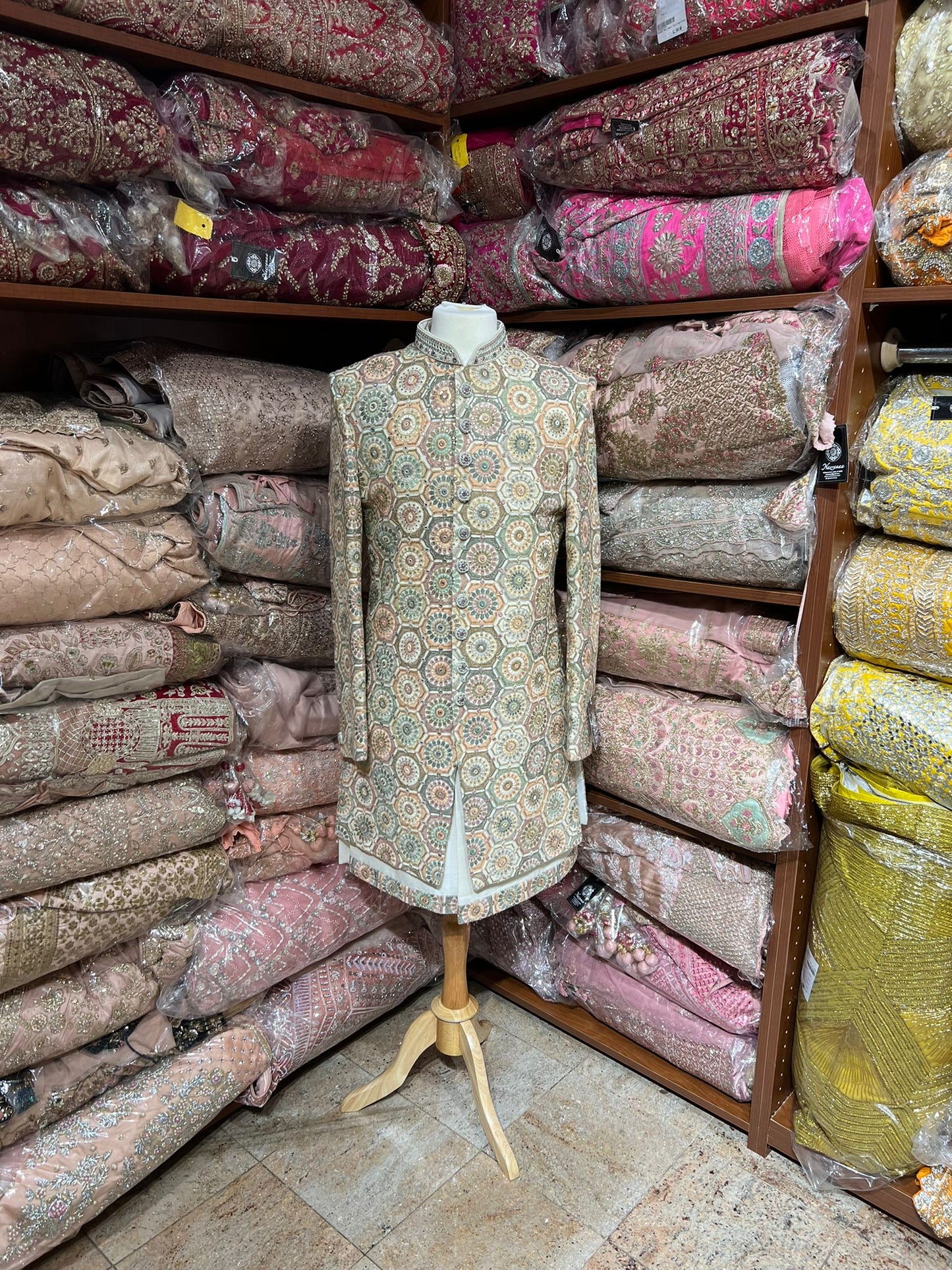 Linen Cream Multi Resham Embroidered Sherwani-S13-71