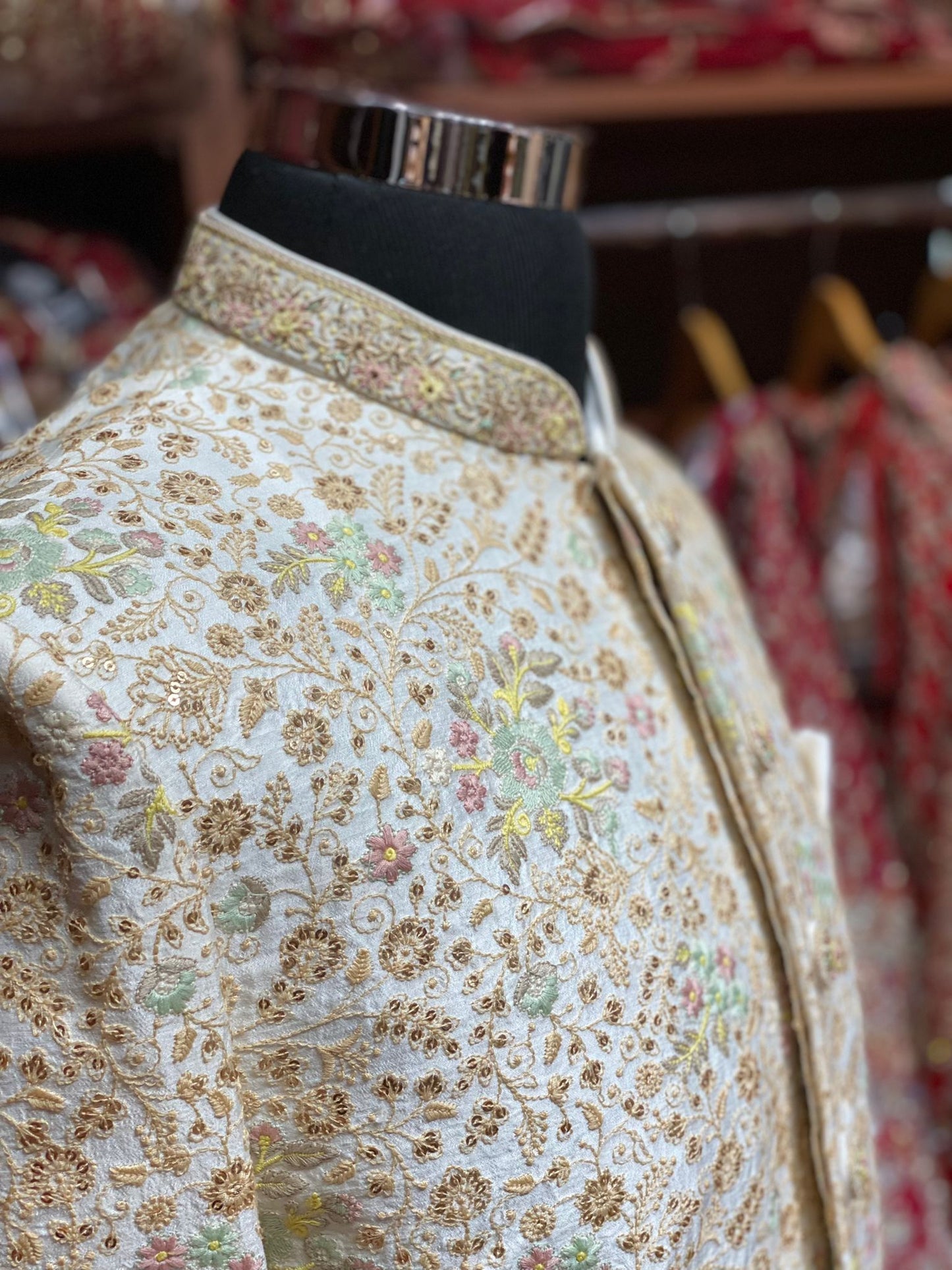 Off White Thread and Sequins Embroidered Sherwani-S1183