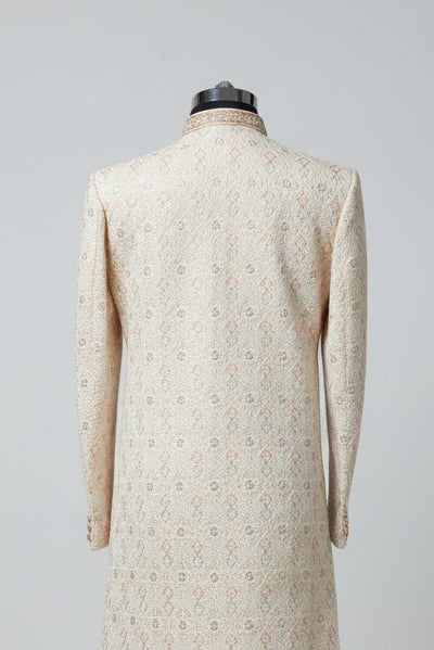 Cream Floral Motif Sherwani with Gold Buttons and Matching Churidar