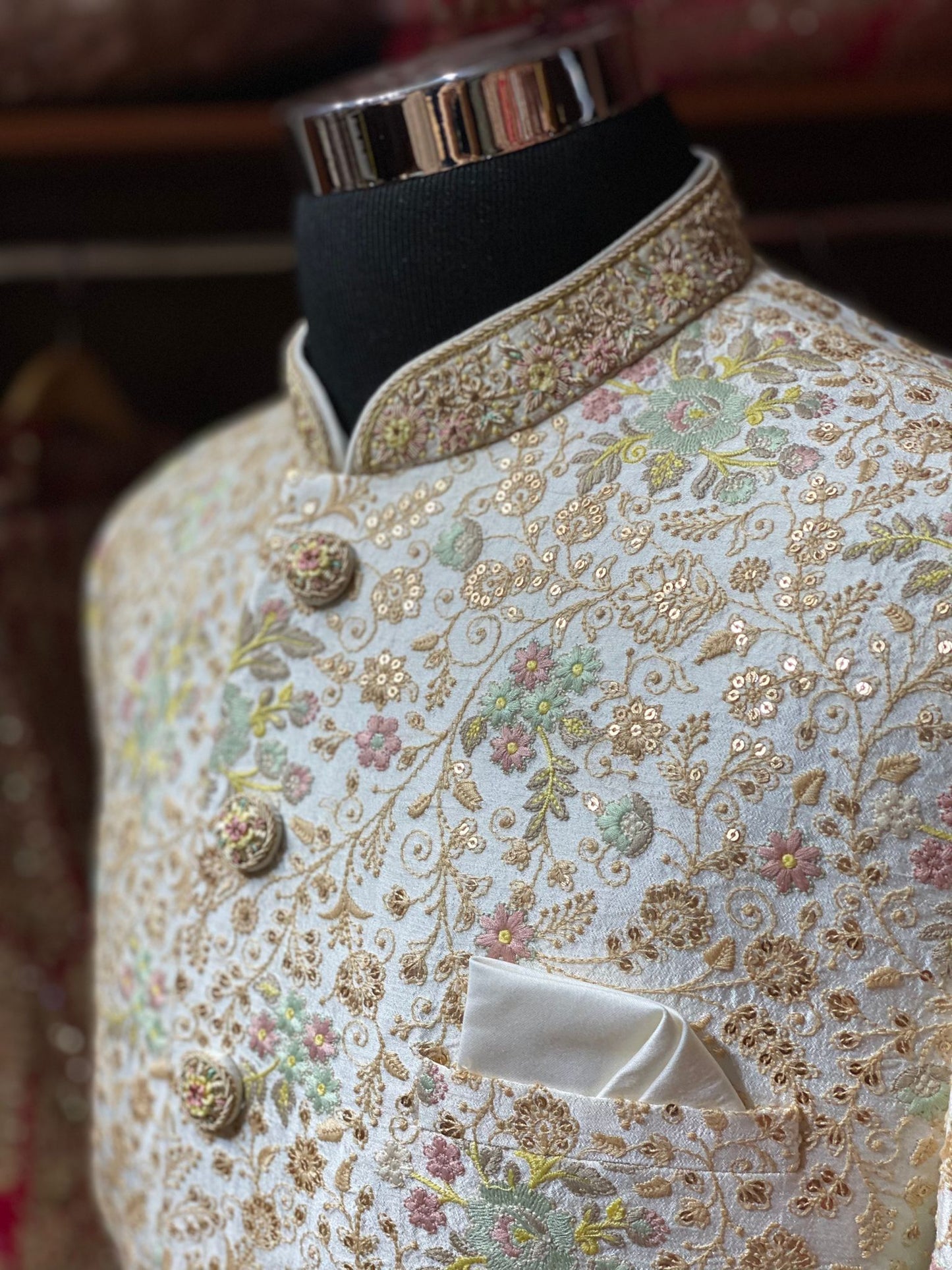 Off White Thread and Sequins Embroidered Sherwani-S1183