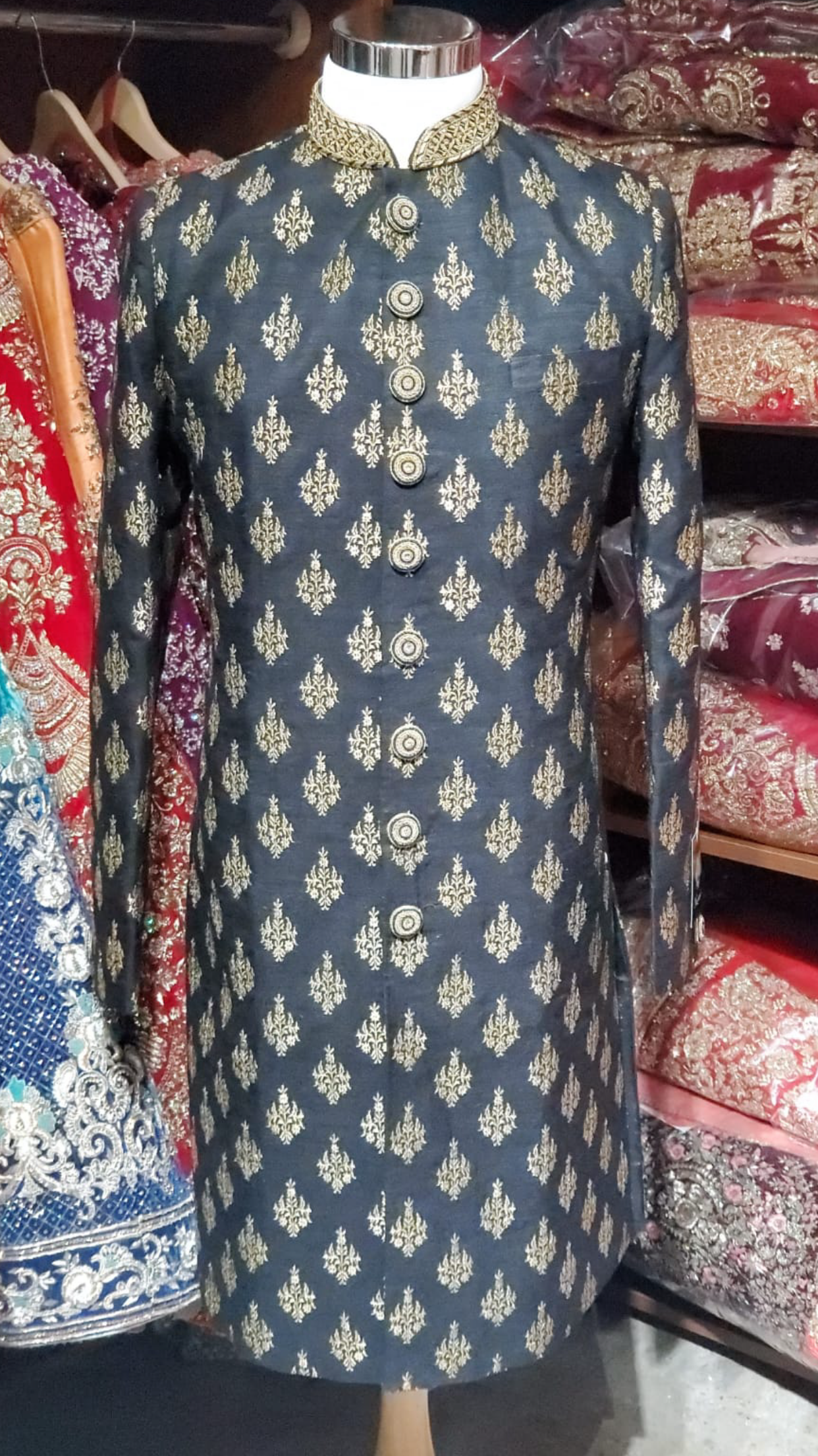 Black Raw Silk Sherwani