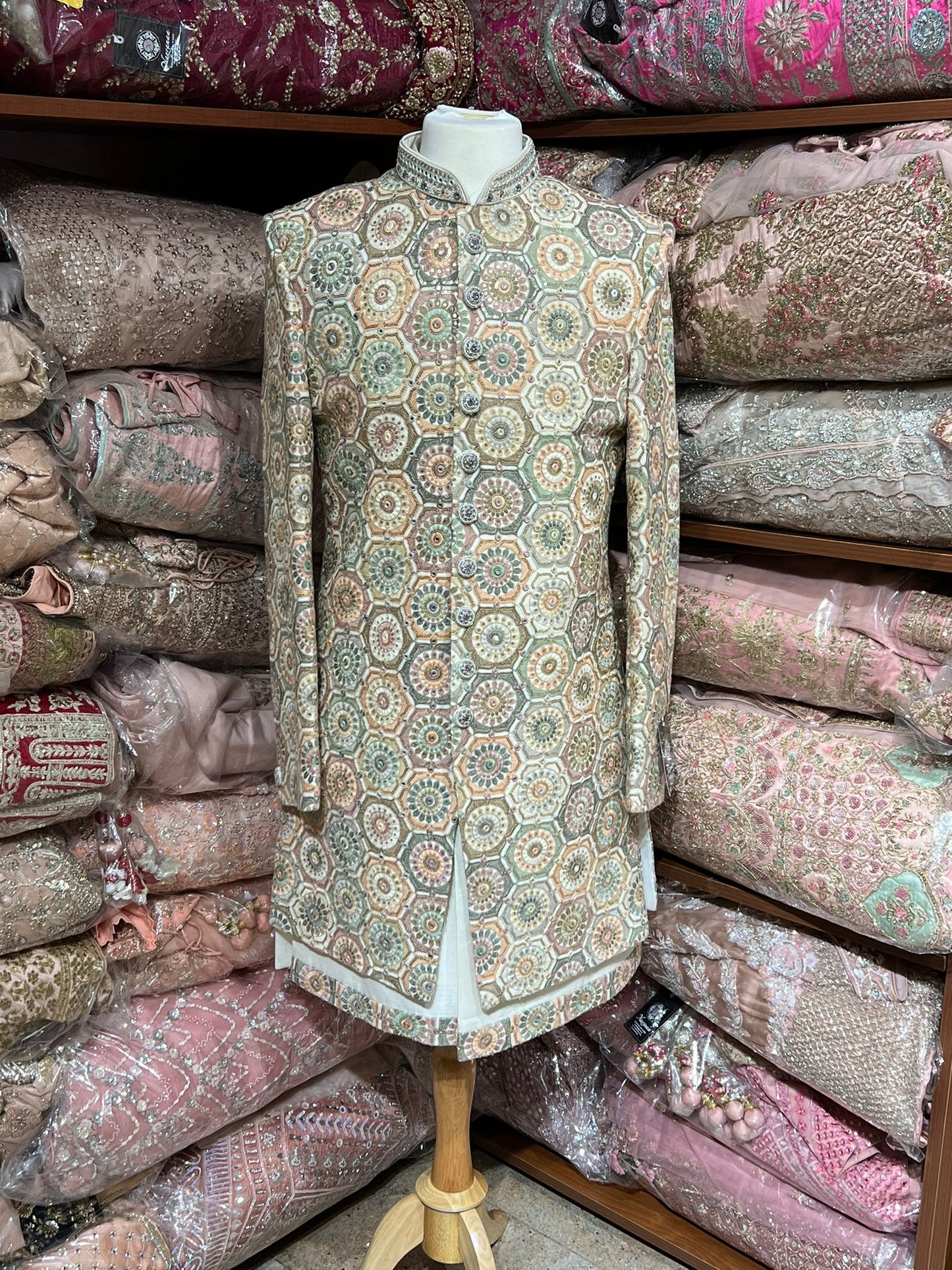 Linen Cream Multi Resham Embroidered Sherwani-S13-71